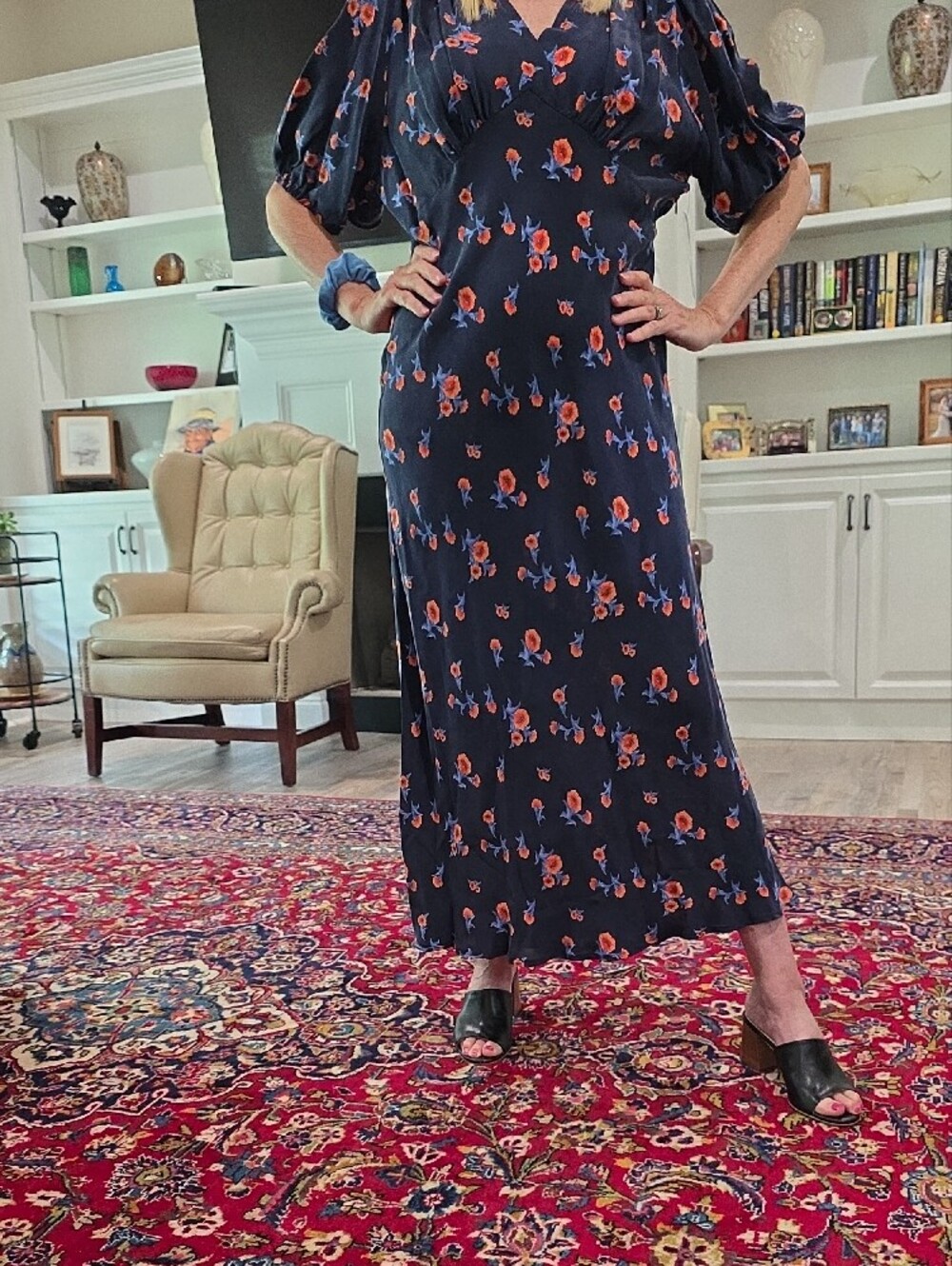 NWT Karen Kane Floral V-Neck Puff Sleeve Midi Dress - Navy/ Red/ Blue Flowers XL